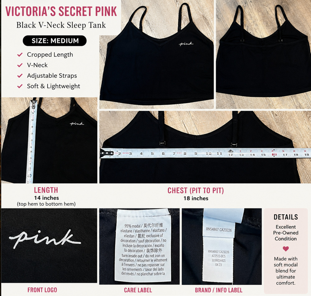 Victoria's Secret PINK Black Cropped Sleep Tank Adjustable Straps Size M